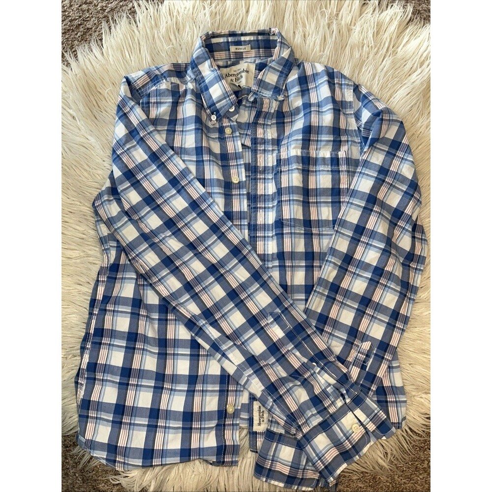 Large Abercrombie & Fitch Men's Muscle Fit Blue Plaid Button-Down Shirt